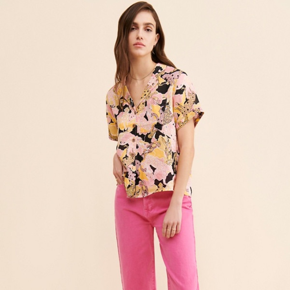 Maeve/Anthro Printed Buttondown Surf Shirt - Linen - Black/Pink/Yellow - Picture 4 of 8